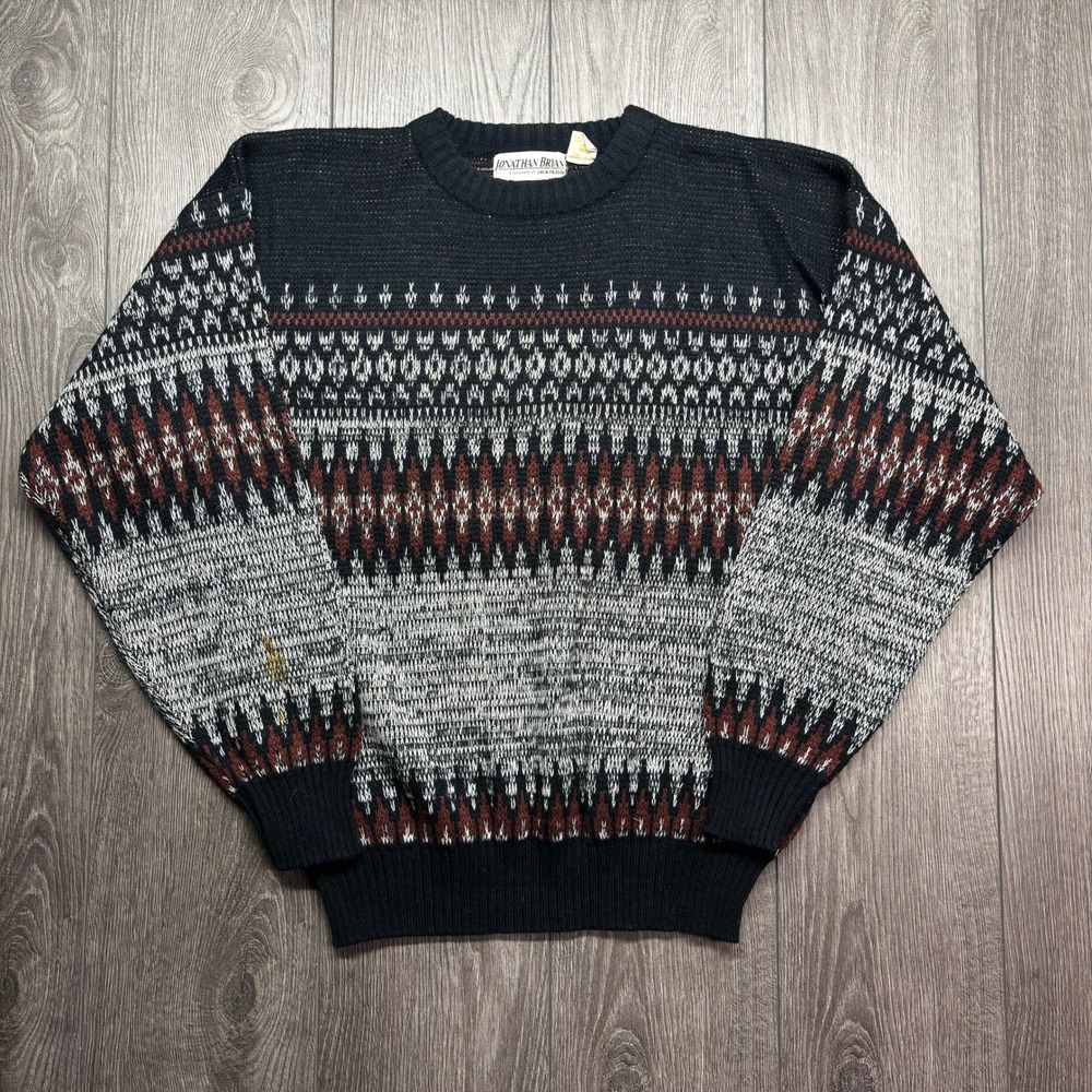 Vintage Jonathan Bryan Large Mens Fair Isle Crewneck Sweater Black Brown